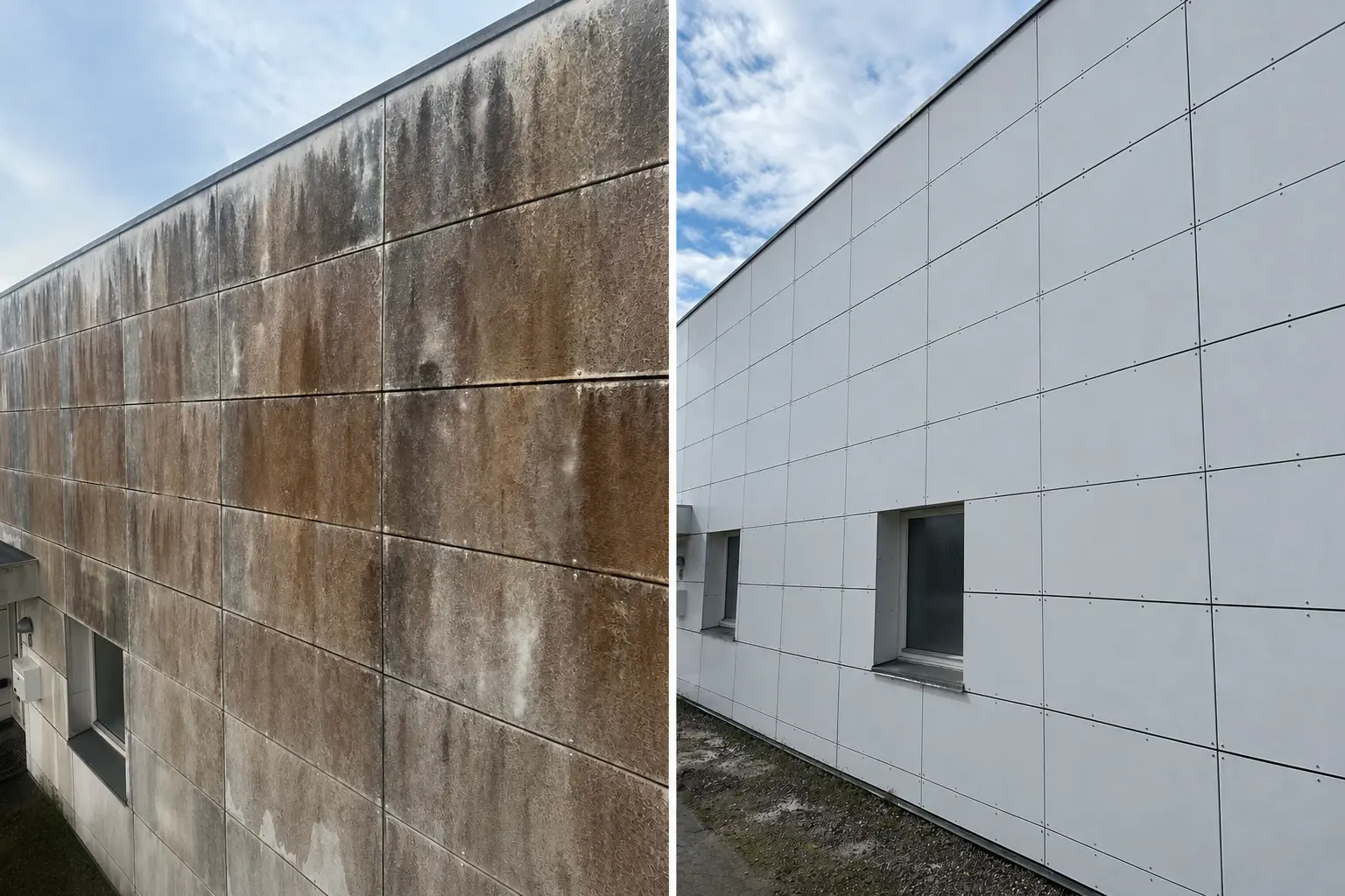 Facaderens hvor grøn algebelægning fjernes fra en pudset husfacade